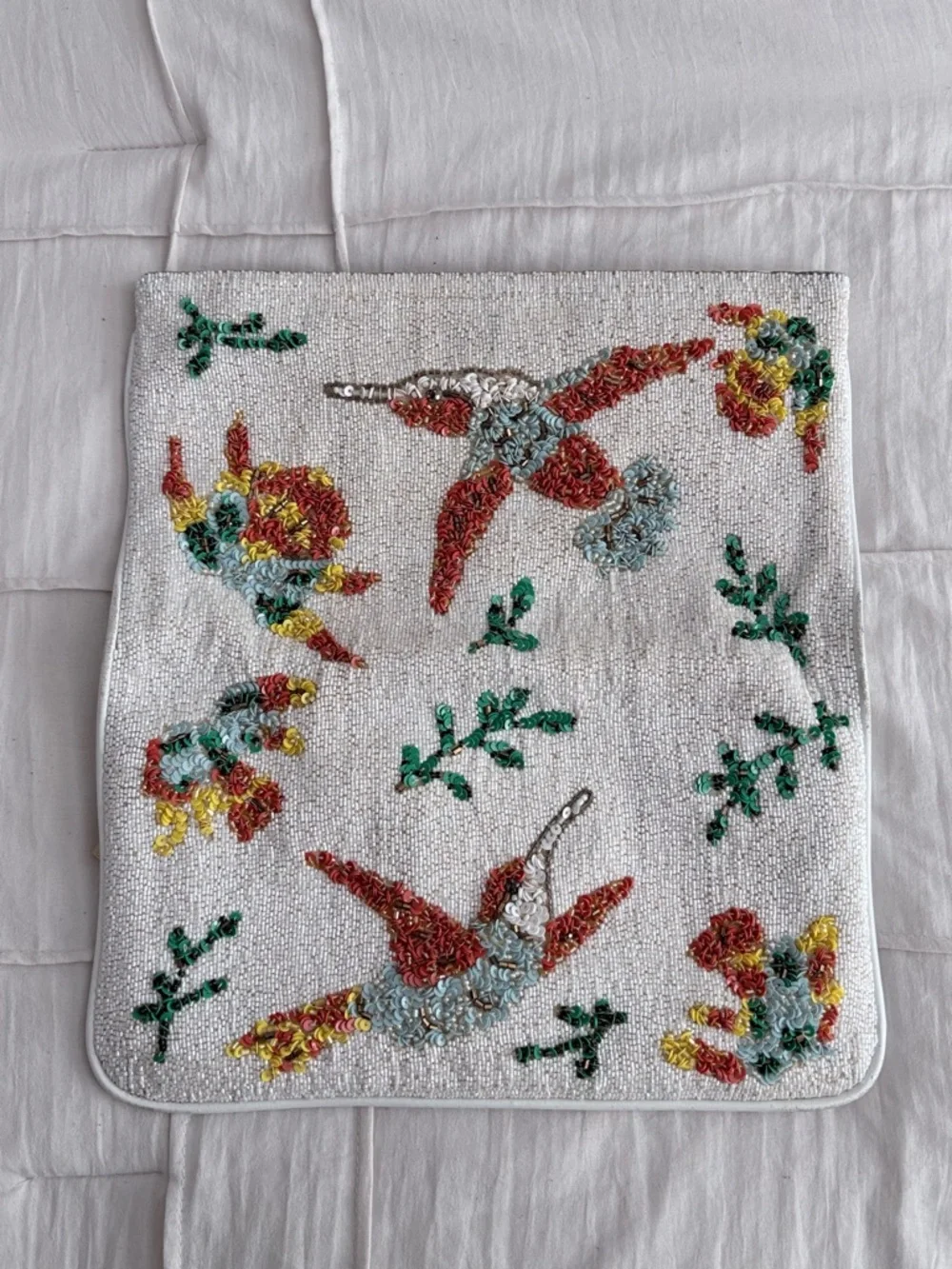 Alice + Olivia White Beaded Clutch with Multicolor Floral & Bird Motif - Picture 3 of 7